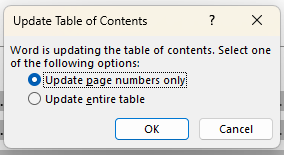 Update table of contents window in Word